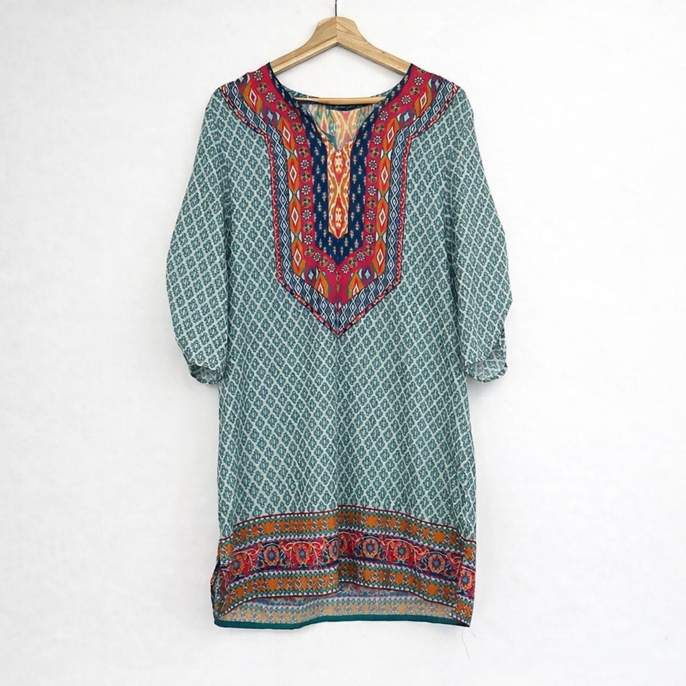 Urban Coco Teal Geometric Tunic Dress Boho Ethnic Print 3/4 Sleeve Size M